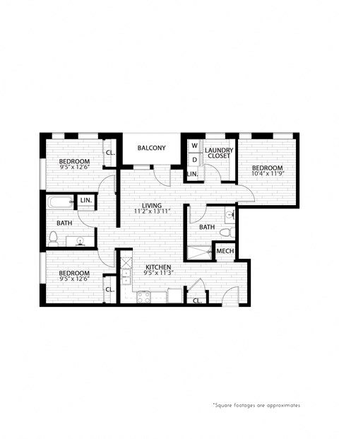 Floor plan for 3 beds, 2 baths, 1076 sqft